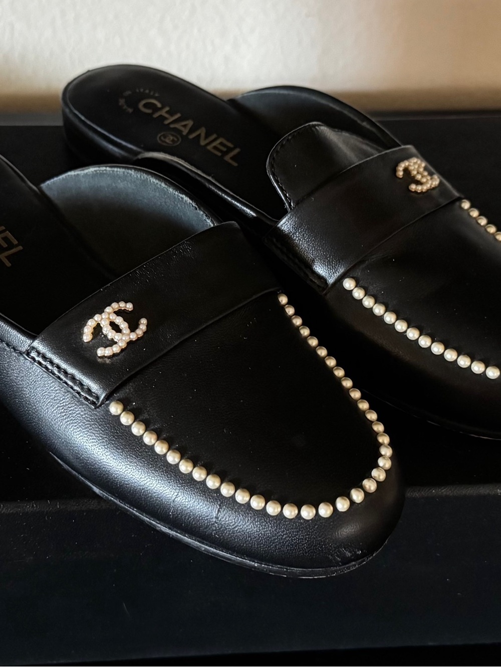 CHANEL Black Leather Pearl-Trim Slip-On Mules